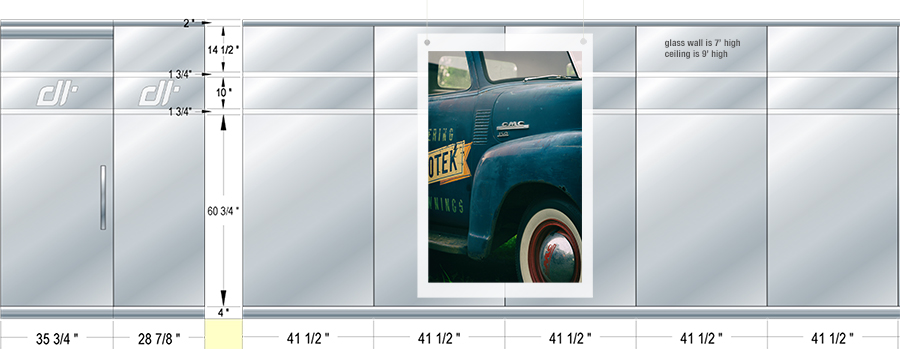 Diagram of concept for free hanging art for Conference Room 104.