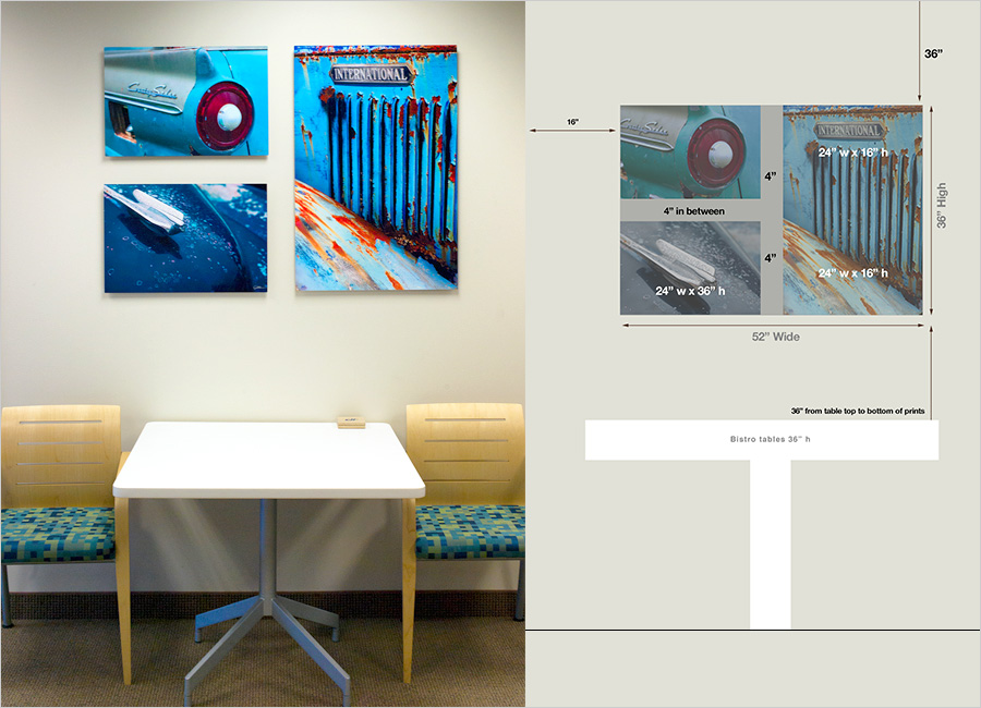 At left Diagram for artwork, on right finished space with trio of prints on Aluminum, with float mounts (sits .5" off wall).