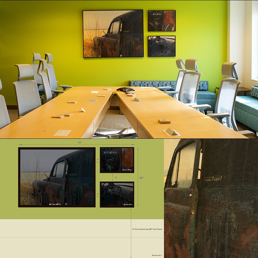 Conference Room 103 - "Job Rated" a series of three prints on wood, framed (top). Bottom left, diagram of concept for room, at right closeup of wood print.